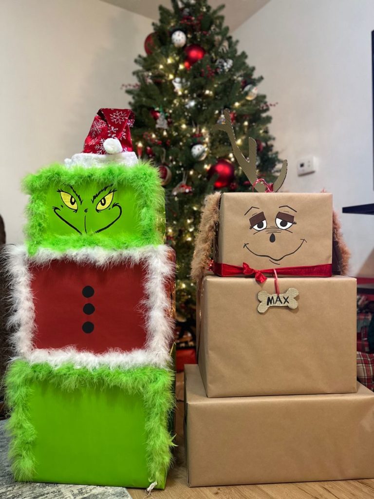 Grinch-themed gift wrapping with green paper, DIY Grinch-face tags, and candy cane snowflakes, ready to spread holiday cheer