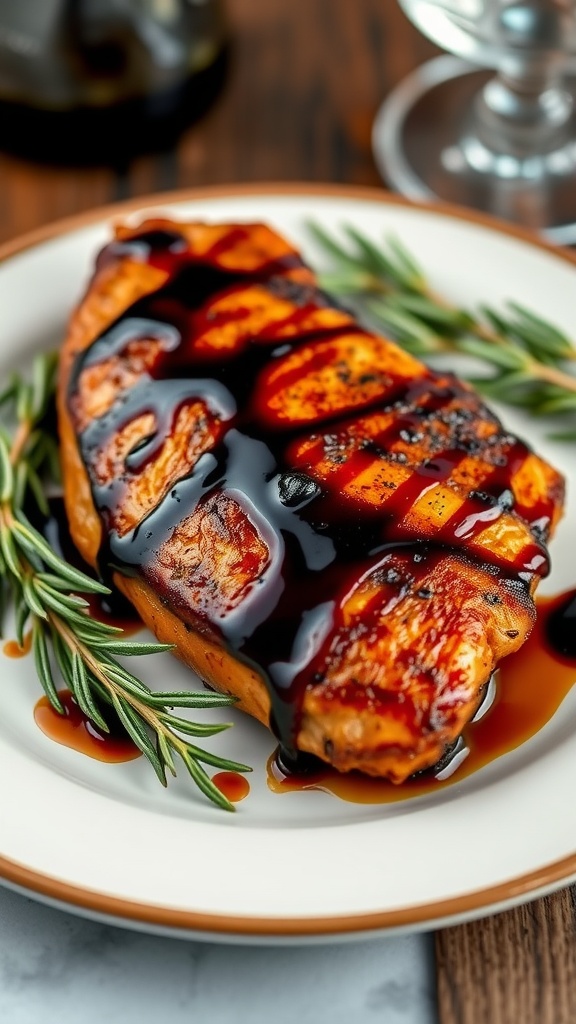 Balsamic Glazed BBQ Chicken on a plate with rosemary.