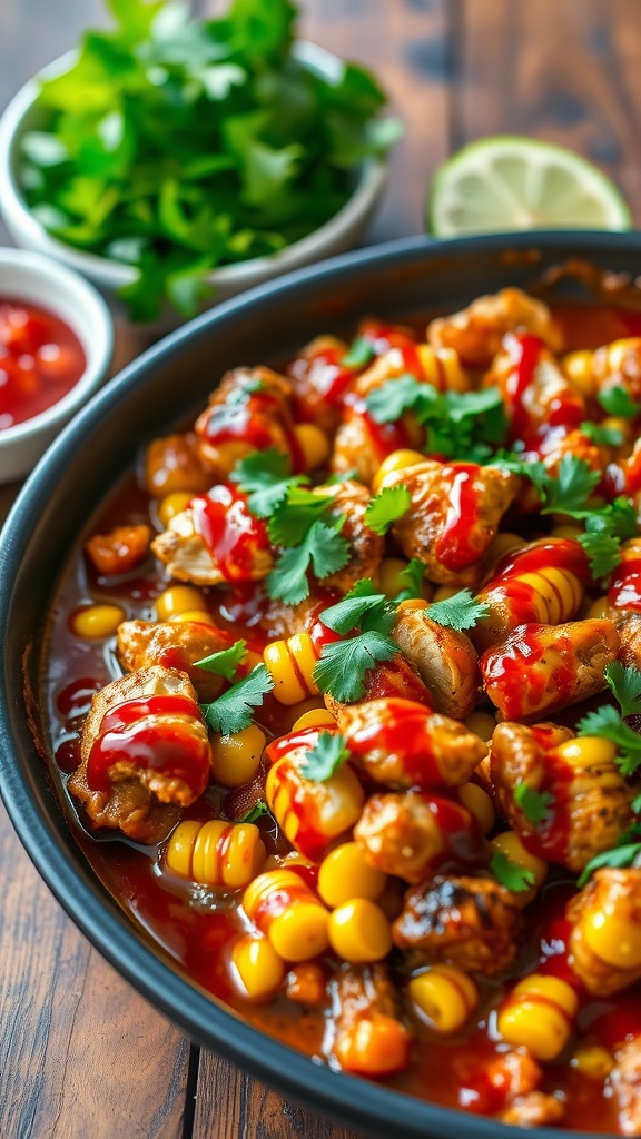 BBQ Chicken and Corn Bake with cilantro and BBQ sauce