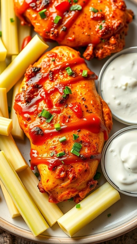 Buffalo BBQ chicken breast garnished with blue cheese and green onions