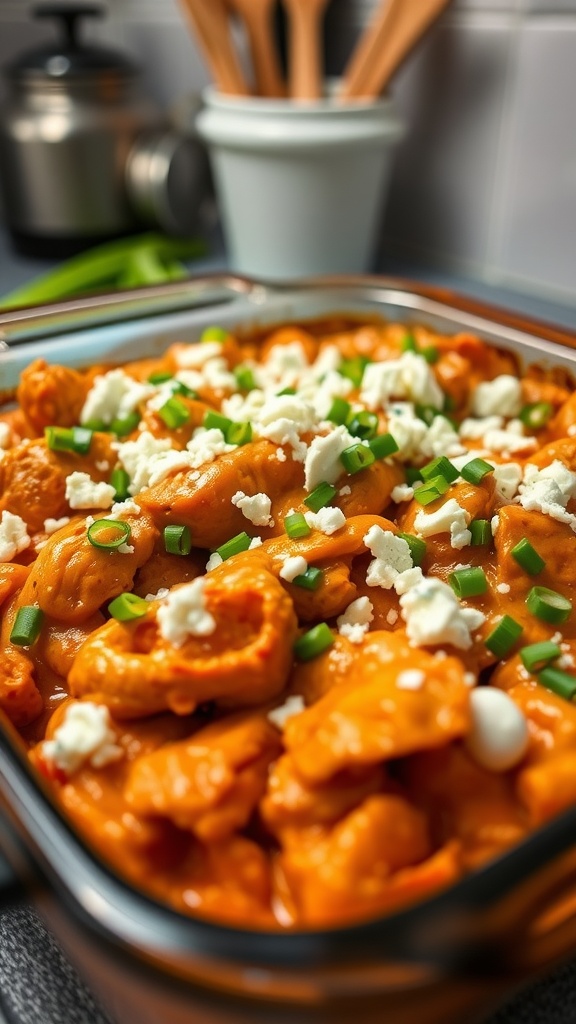 Buffalo chicken casserole topped with blue cheese and green onions in a baking dish