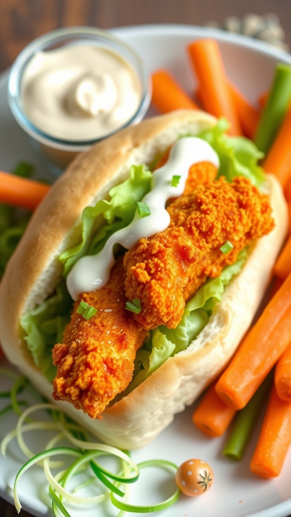 A buffalo chicken finger sub sandwich with lettuce, creamy sauce, and carrot sticks on the side.
