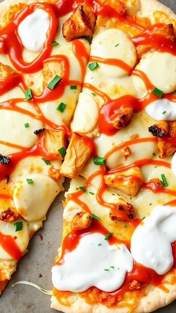 Delicious buffalo chicken pizza with a keto crust topped with cheese and sauce