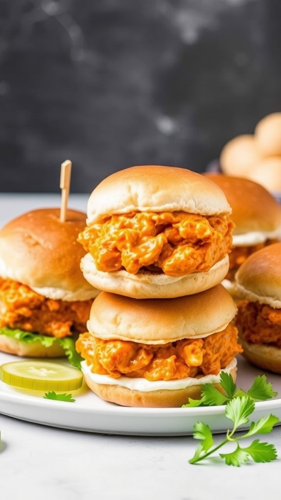 Buffalo chicken sliders stacked high with ranch dressing on top