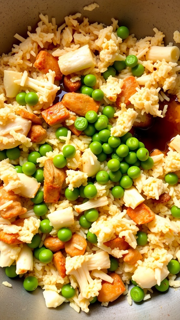 A colorful dish of cauliflower chicken fried rice in a skillet with veggies and an egg.