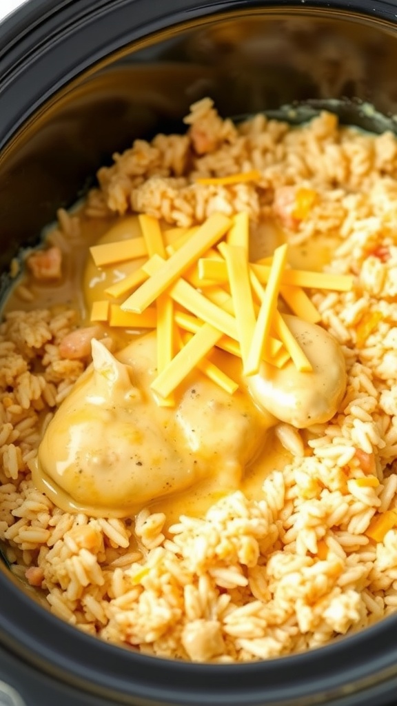 A slow cooker filled with cheesy chicken and rice.