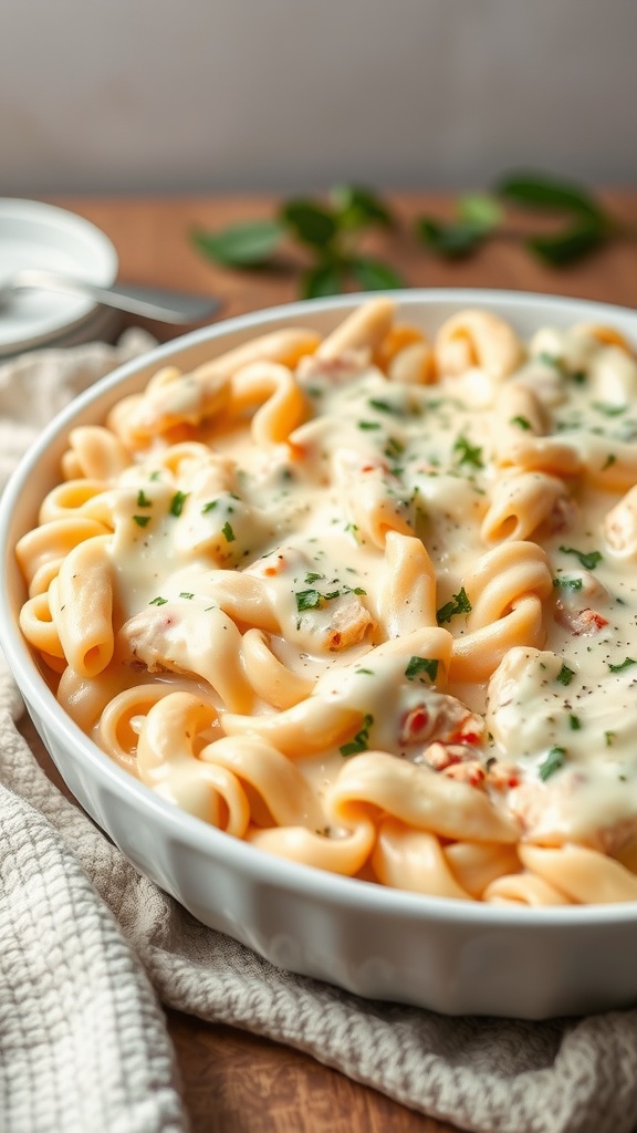 A creamy Chicken Alfredo Pasta Bake topped with cheese and parsley.