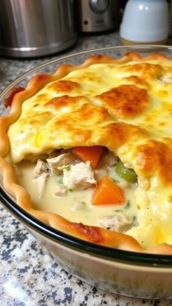 A delicious chicken pot pie casserole with a golden biscuit topping.
