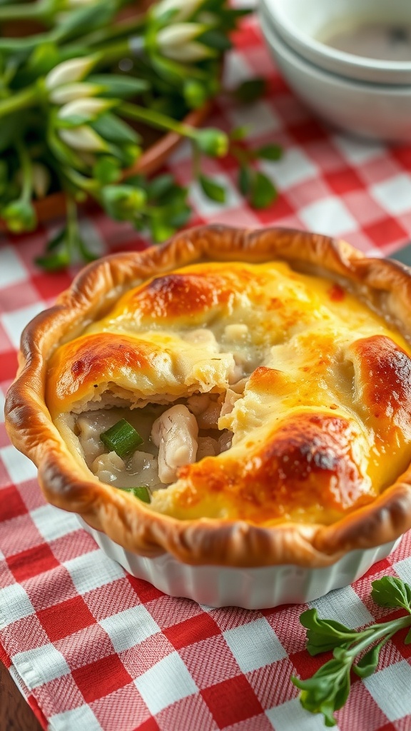 Delicious chicken pot pie with colorful spring vegetables