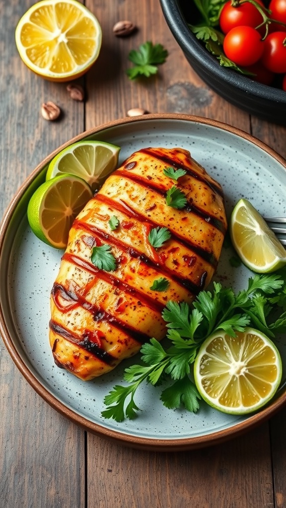 Juicy Chipotle Lime Grilled Chicken with lime slices and fresh herbs.