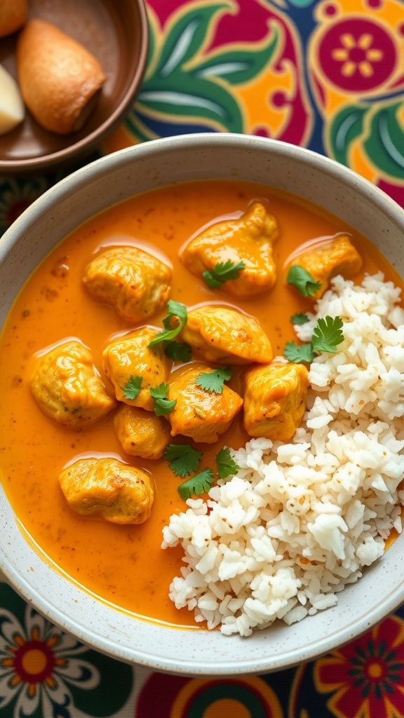 A bowl of coconut chicken curry with rice and cilantro on a colorful background.