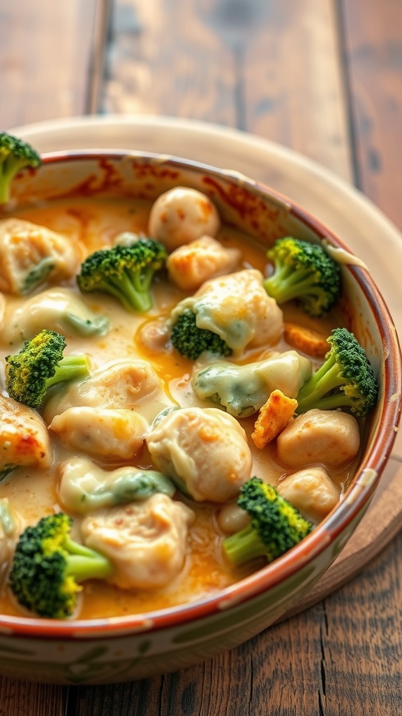 A close-up of a creamy chicken and broccoli casserole with pasta.