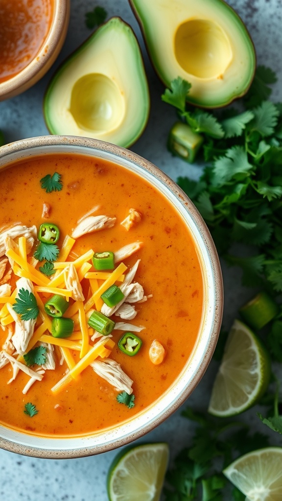 A bowl of creamy chicken enchilada soup with toppings, alongside avocado halves and fresh herbs.