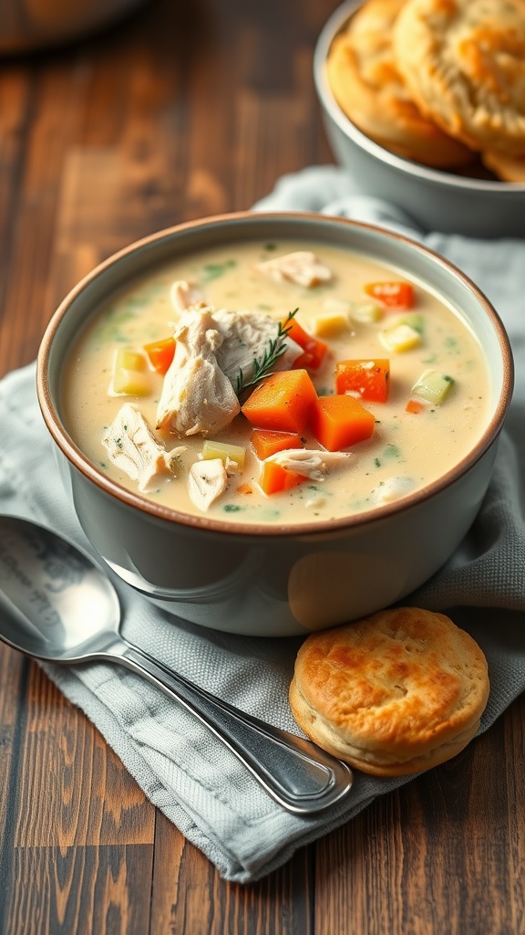 A bowl of creamy chicken pot pie soup with vegetables and a biscuit on the side.