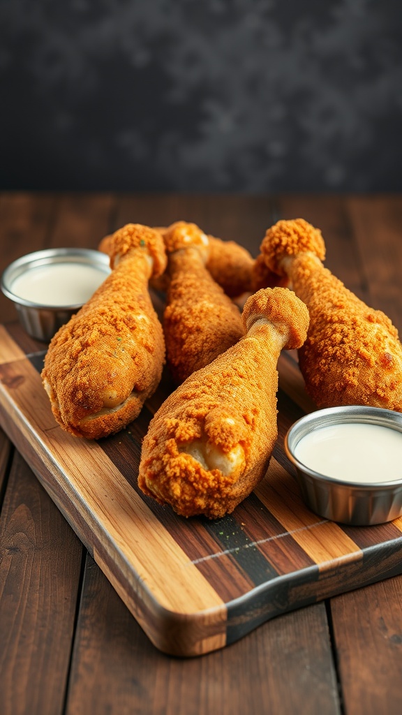 Crispy beer-battered BBQ drumsticks on a wooden platter with dipping sauce.