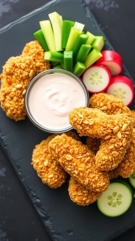 A plate of crispy keto chicken strips served with fresh vegetables and a dipping sauce