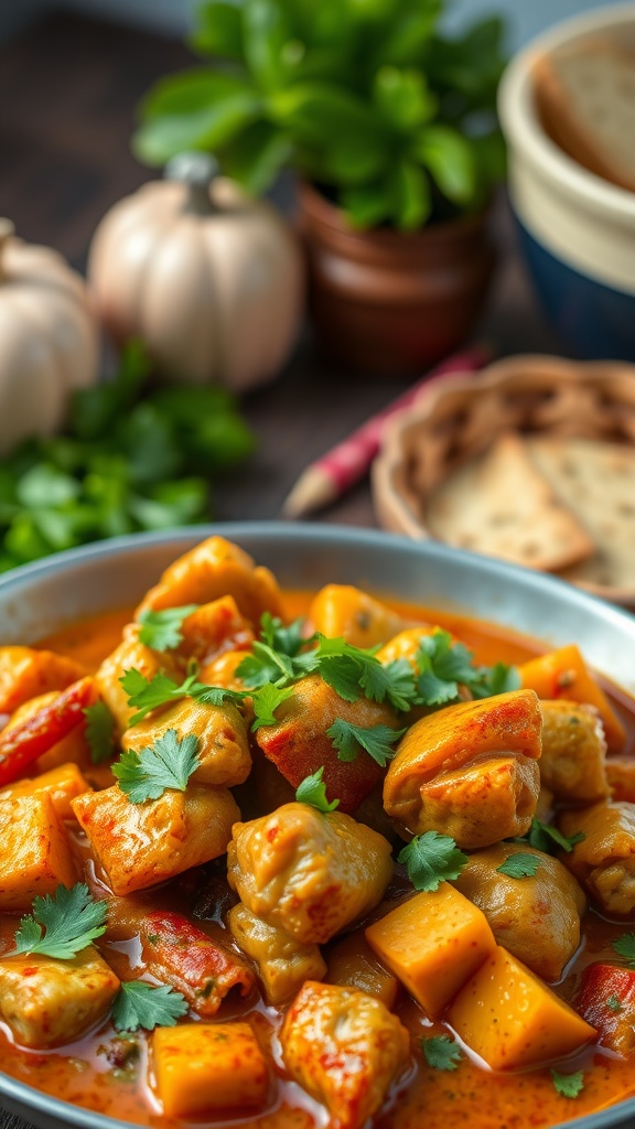 A delicious bowl of curry chicken and vegetables, garnished with cilantro.