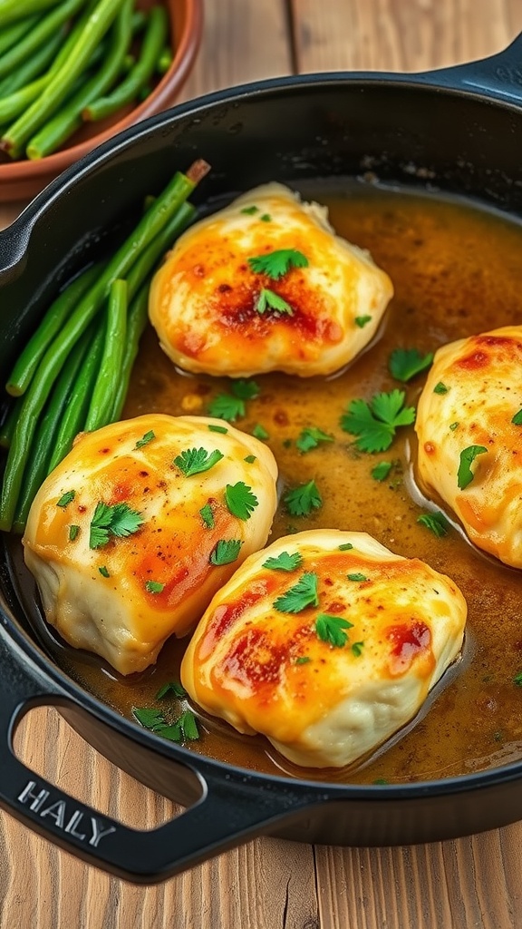 A skillet with garlic butter chicken and green beans, garnished with herbs.