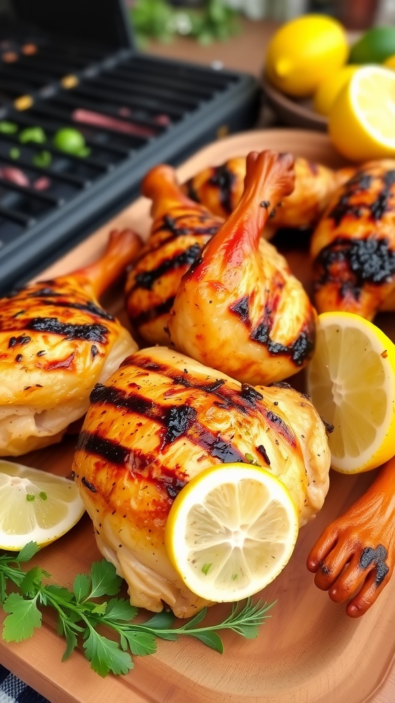 Grilled chicken thighs with lemon slices and fresh herbs on a wooden platter.