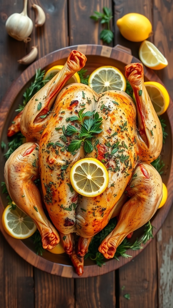 A beautifully roasted chicken garnished with herbs and lemon slices, ready to be served.