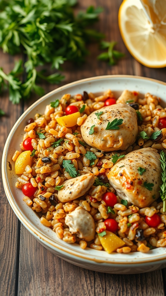 A delicious herbed chicken casserole with grains and vegetables, garnished with parsley.