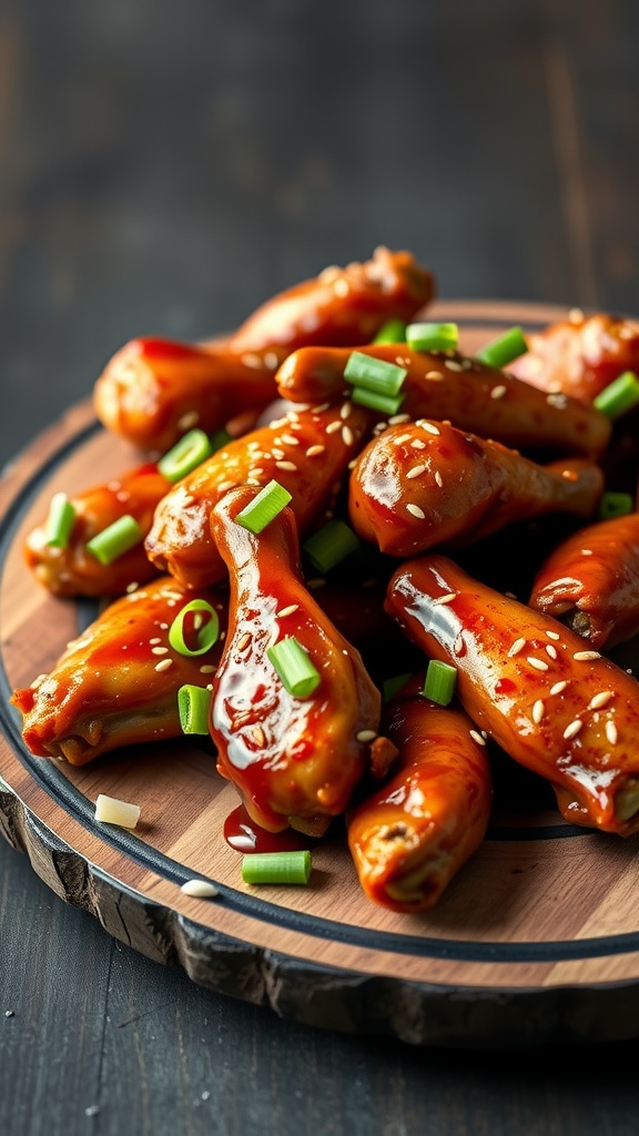 A delicious plate of honey garlic glazed chicken wings garnished with green onions