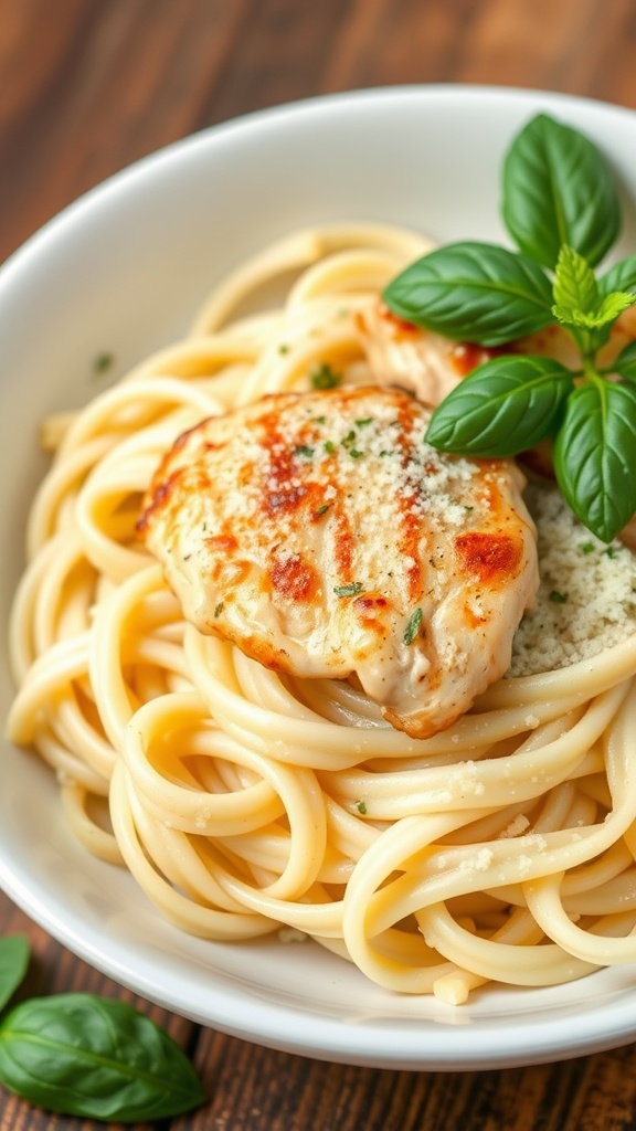 A plate of Italian Chicken Alfredo with fettuccine pasta and grilled chicken.