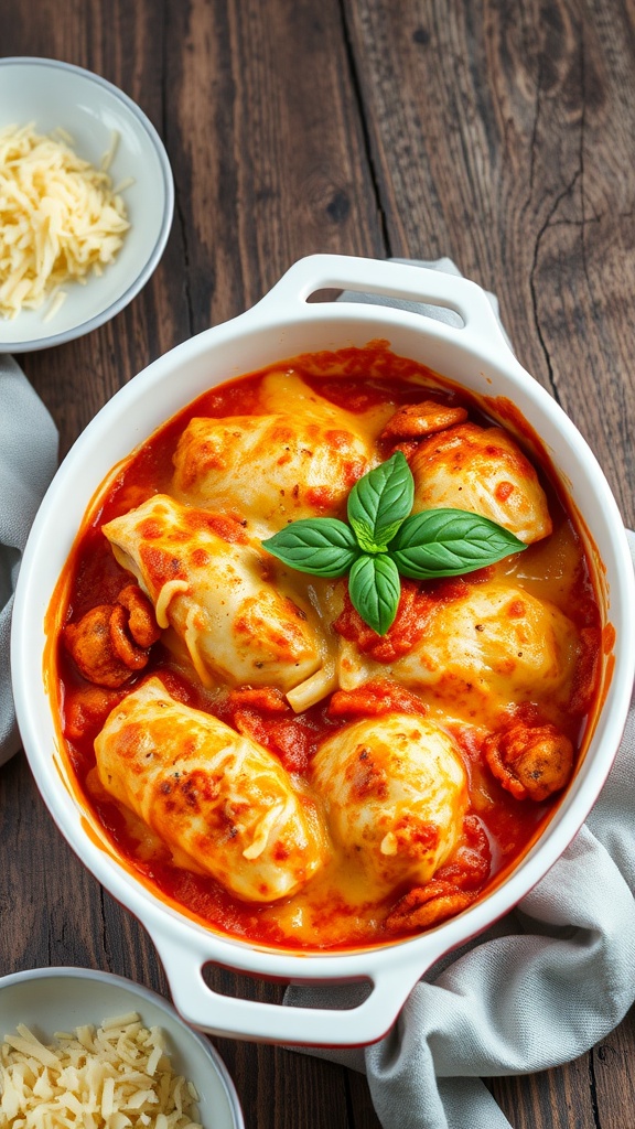 A serving of Keto Chicken Parmesan Casserole in a white dish, topped with basil and surrounded by grated cheese.