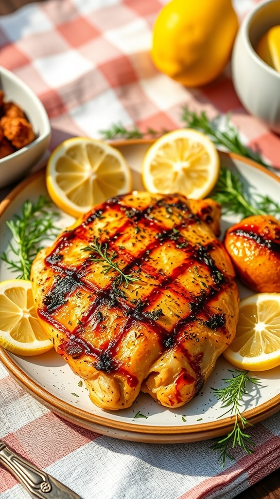 Grilled chicken breast garnished with lemon slices and dill