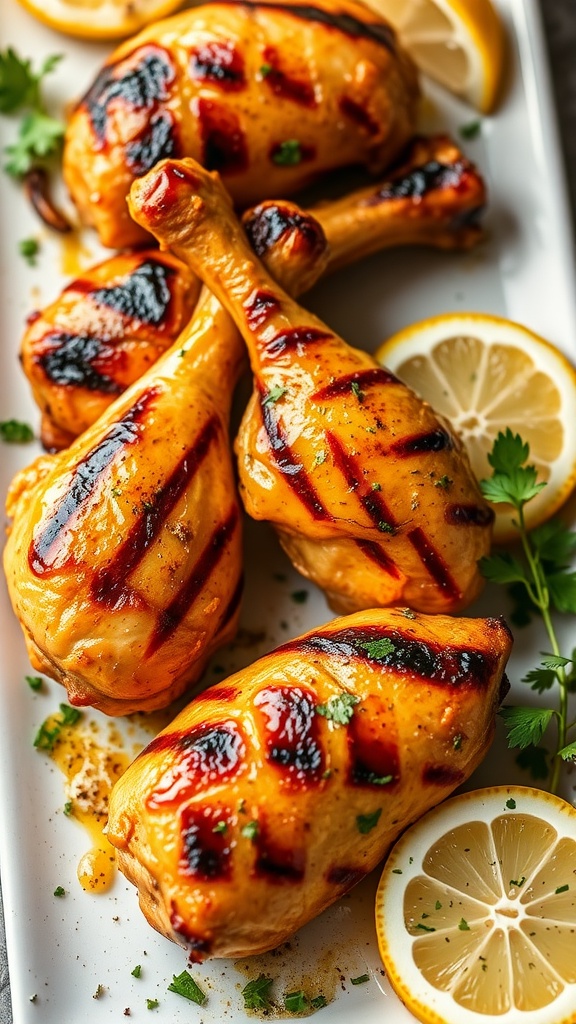 Two grilled lemon herb chicken drumsticks with fresh lemon slices and herbs