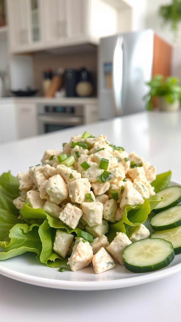 A plate of creamy chicken salad on lettuce with cucumber slices