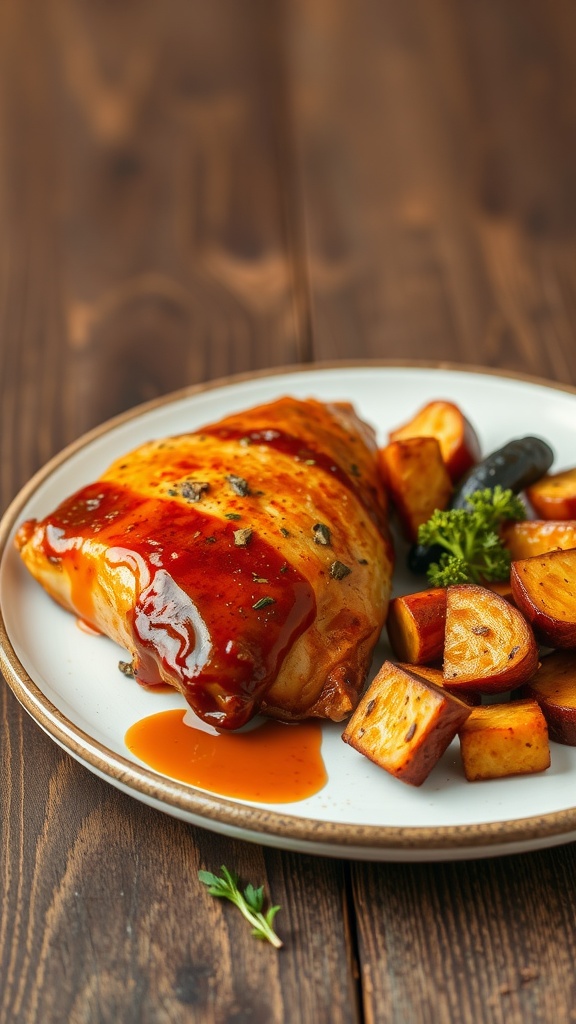 Plate of maple mustard glazed chicken with roasted vegetables