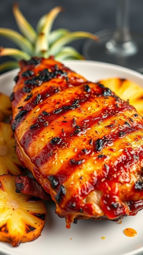 Delicious marinated BBQ chicken breast with pineapple slices on a plate.