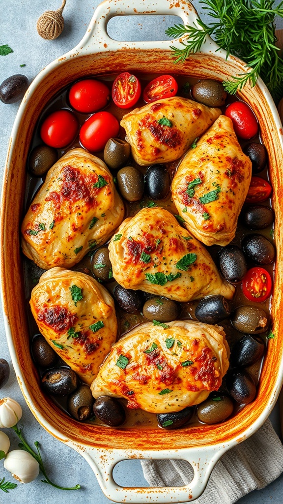 Mediterranean Chicken Bake with olives and tomatoes