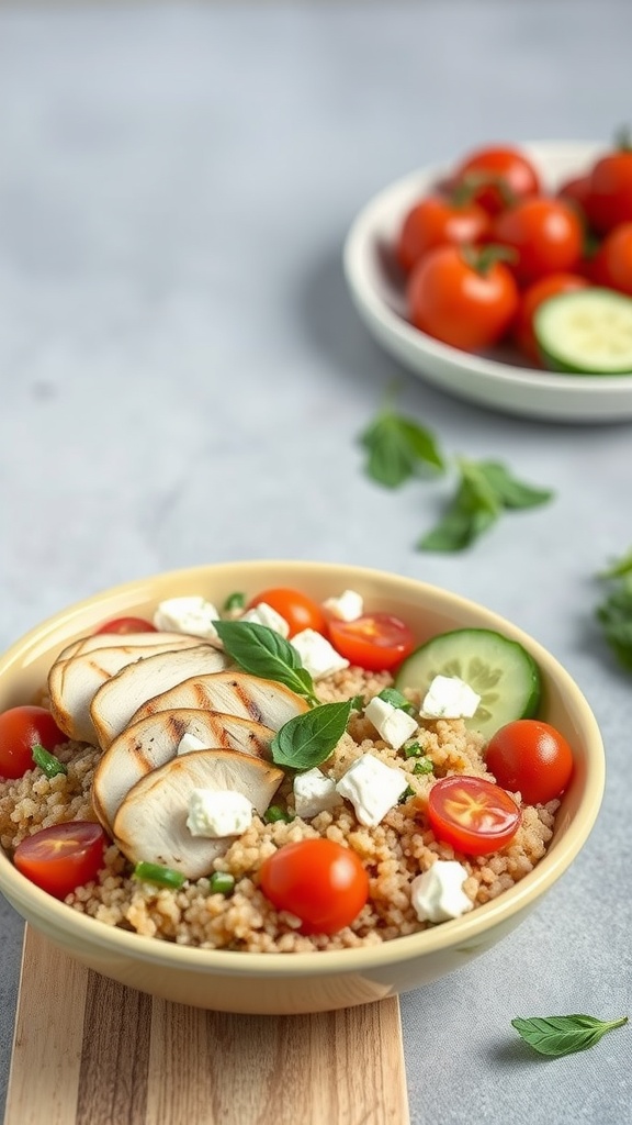 A healthy Mediterranean chicken quinoa bowl with cherry tomatoes, cucumber, and feta.