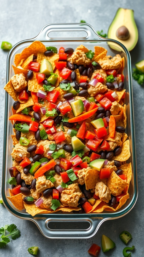 A delicious Mexican Chicken Casserole with layers of chicken, vegetables, and tortilla chips topped with melted cheese.