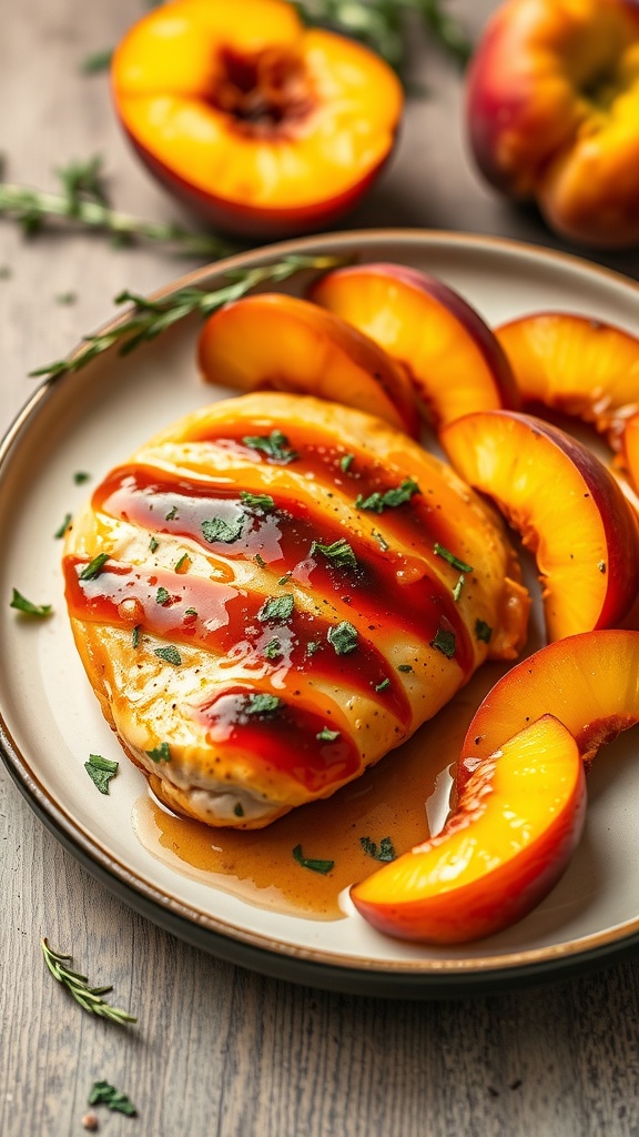Peach BBQ chicken served on a plate, garnished with herbs and fresh peach slices.