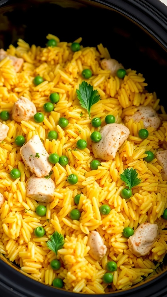 A serving of yellow rice with chicken and green peas in a slow cooker.