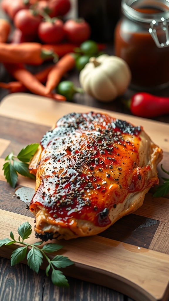 Smoky Paprika BBQ Chicken on a wooden cutting board with fresh herbs.