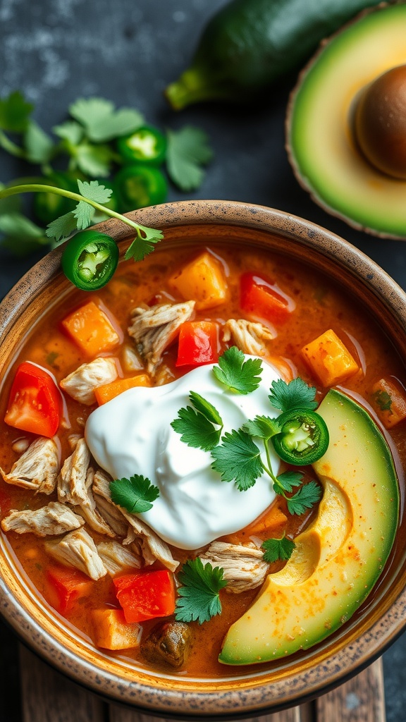 A bowl of spicy chicken taco soup with avocado, cilantro, and jalapeño garnishes.