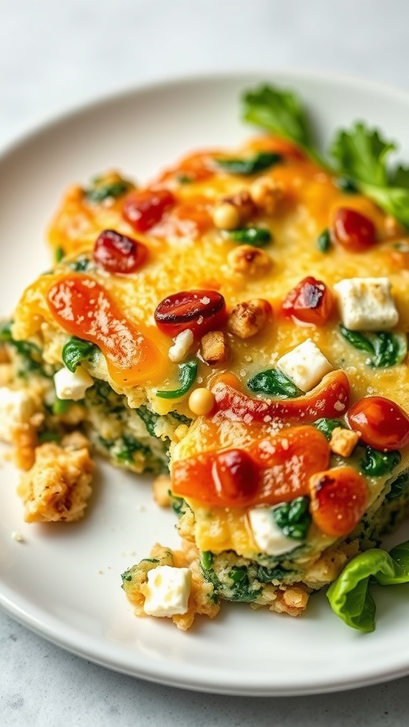 A close-up of Spinach and Feta Chicken Casserole with visible spinach, feta cheese, and a creamy texture.