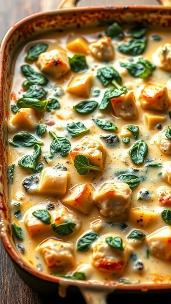 Delicious spinach artichoke chicken casserole in a baking dish