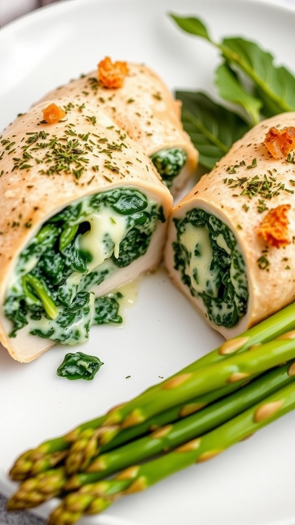 Stuffed chicken breast with spinach and cheese, served with asparagus