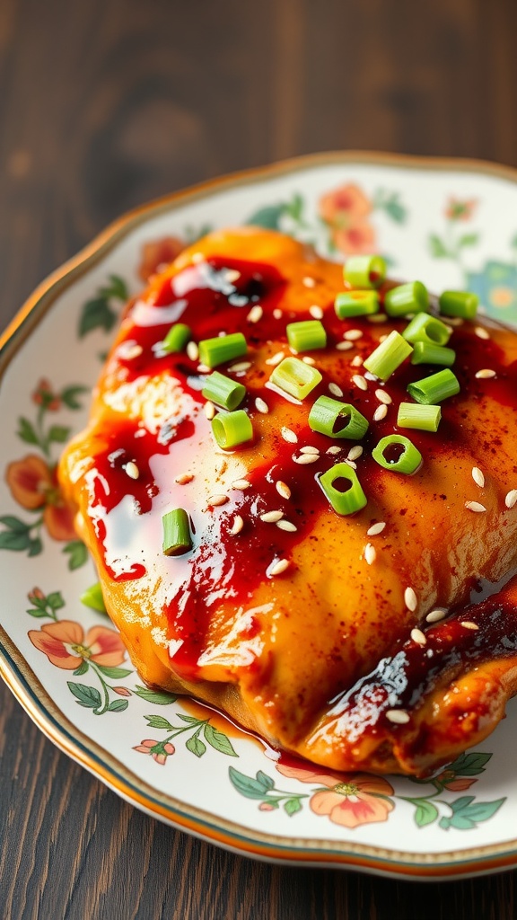 A plate of Teriyaki BBQ chicken garnished with sesame seeds and green onions.