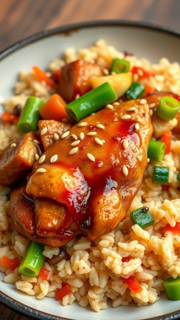 A delicious looking teriyaki chicken casserole served over rice with green onions and sesame seeds.