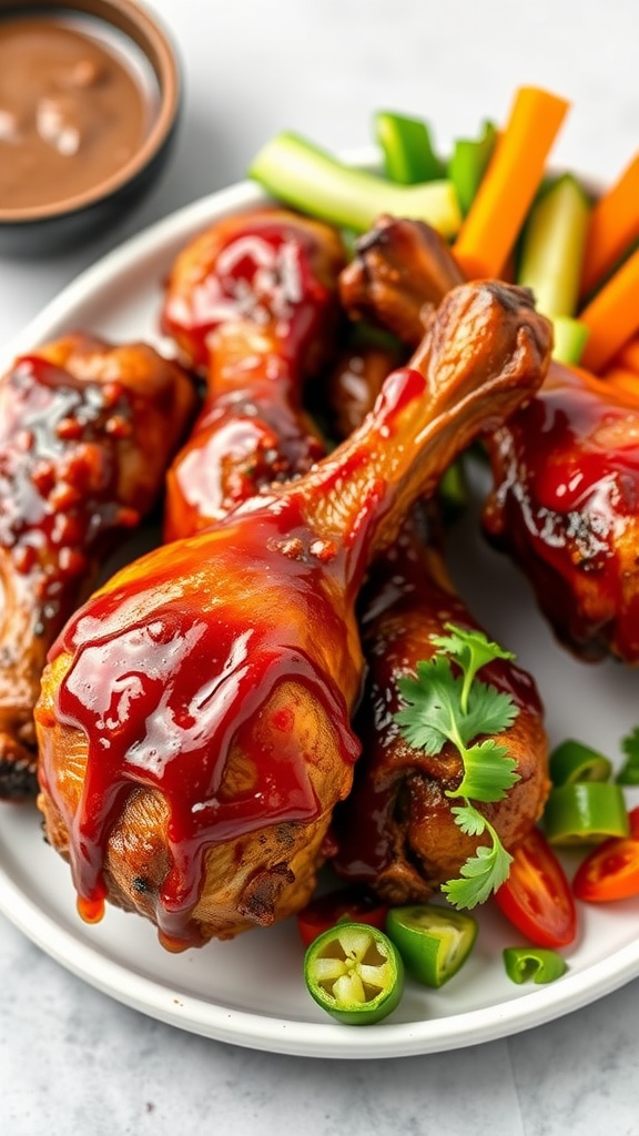 Plate of air fryer barbecue chicken drumsticks with a side of vegetables.