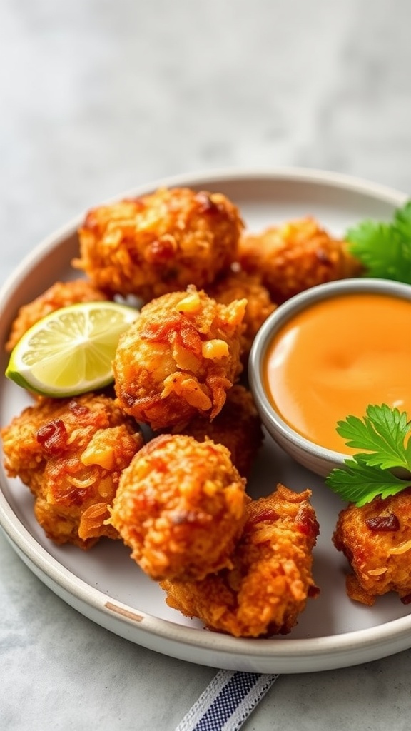 Plate of crispy coconut chicken bites with dipping sauce and lime slices