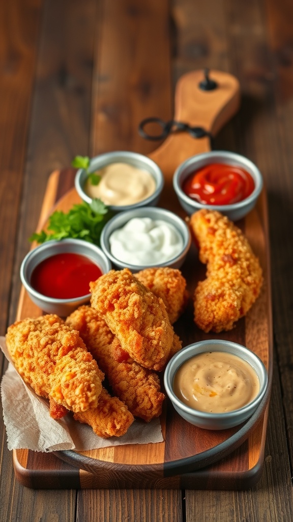 A wooden board featuring crispy chicken tenders and various dipping sauces.