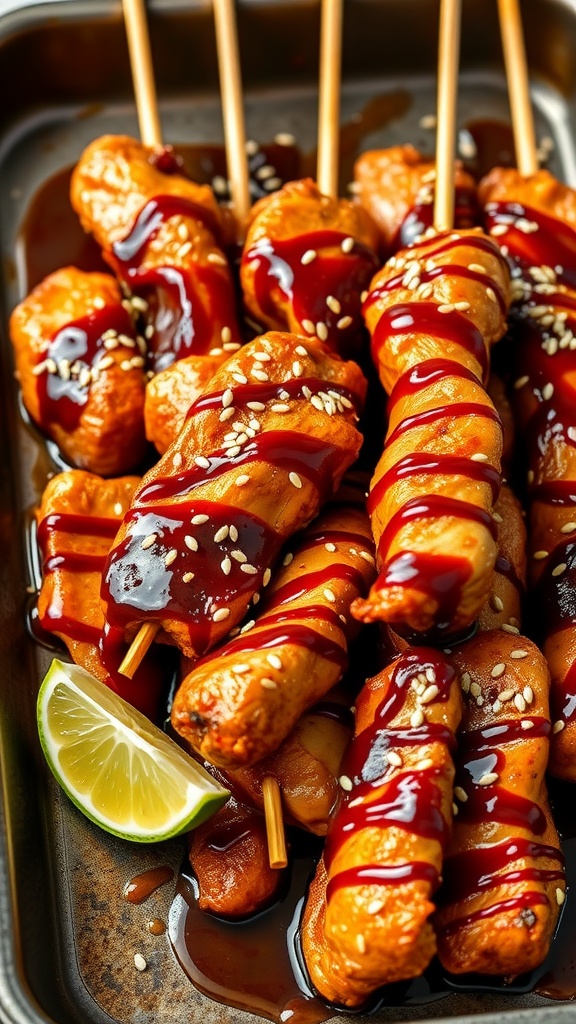 Delicious Air Fryer Teriyaki Chicken Skewers garnished with sauce and sesame seeds.