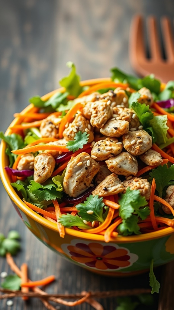 Bowl of Asian Sesame Chicken Salad with colorful vegetables